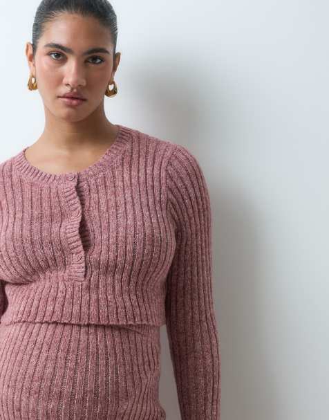 Mamalicious Maternity rib knitted cropped cardigan co-ord in rose taupe melange - view 1