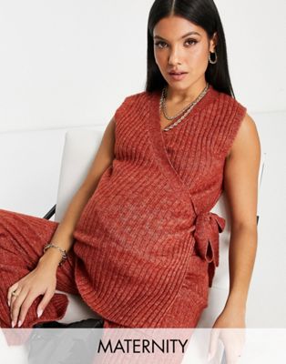 Mamalicious Maternity rib knitted sleeveless wrap jumper co-ord in rust