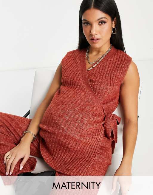 Mamalicious Maternity Rib Knitted Sleeveless Wrap Jumper In Rust Part