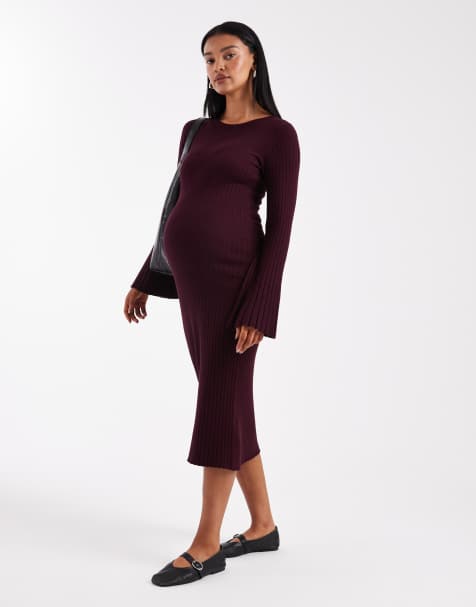 Mamalicious Maternity rib knitted tie waist midi dress in burgundy - view 1