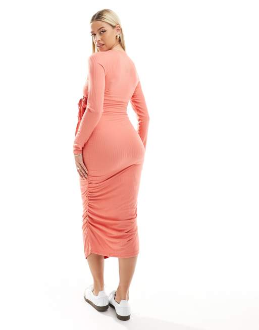 Mamalicious Maternity ribbed jersey 2 function nursing wrap dress in coral  | ASOS