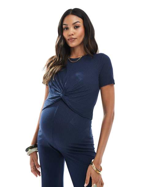 Mamalicious Maternity ribbed jersey cropped t-shirt co-ord in navy