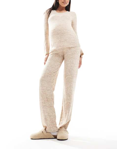 Mamalicious Maternity ribbed jersey flare co-ord in beige melange