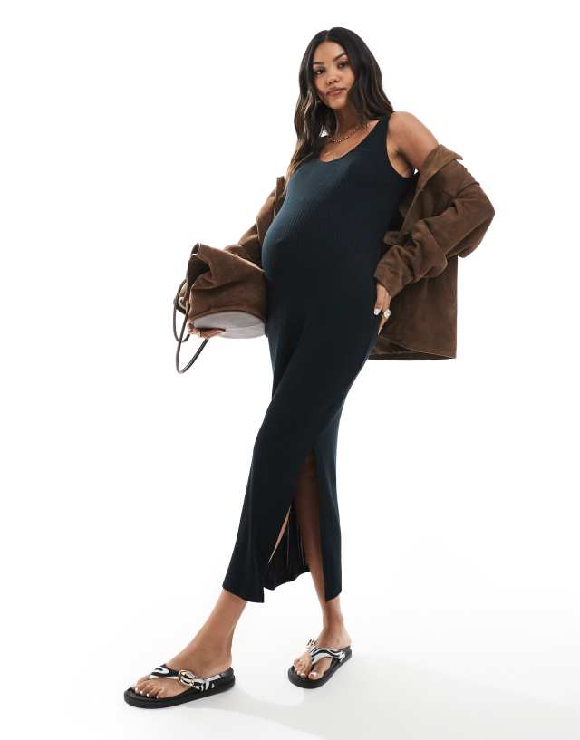 black maternity jersey dress Mamalicious ribbed maxi tank in couple maternity shoot black dress