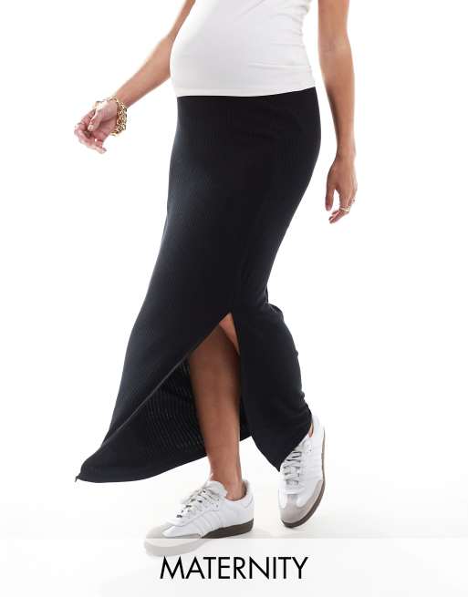 Mamalicious Maternity Ribbed Jersey Over The Bump Maxi Skirt In Black