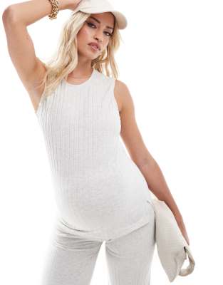 Mama.licious Mamalicious Maternity ribbed jersey tank top co-ord in cream melange-White