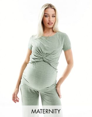 Mamalicious Maternity ribbed jersey twist front t-shirt co-ord in smoke green