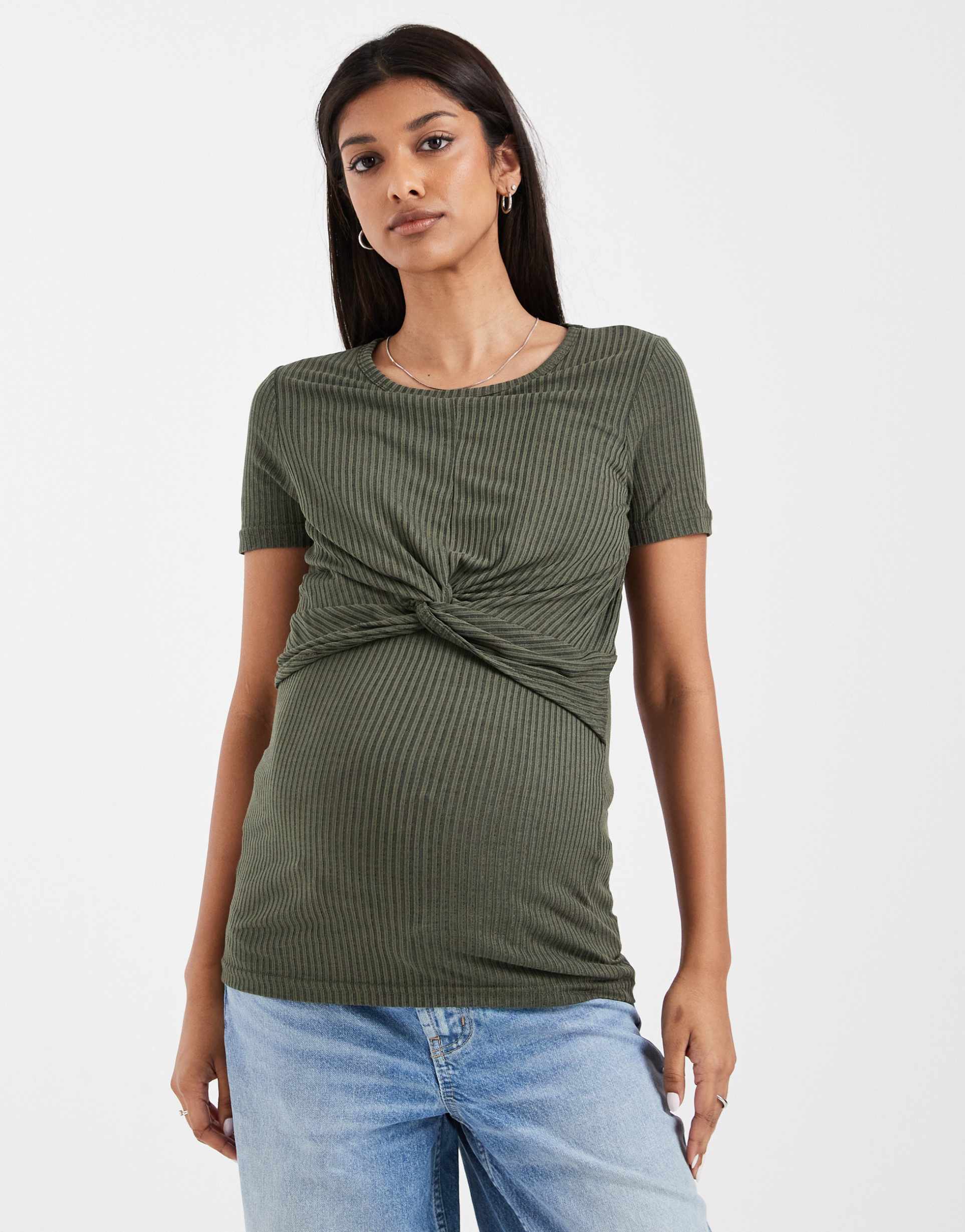 mamalicious maternity ribbed jersey twist front t-shirt in dark khaki