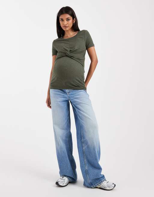 Mamalicious Maternity ribbed jersey twist front T-shirt in dark khaki, 2 of 4
