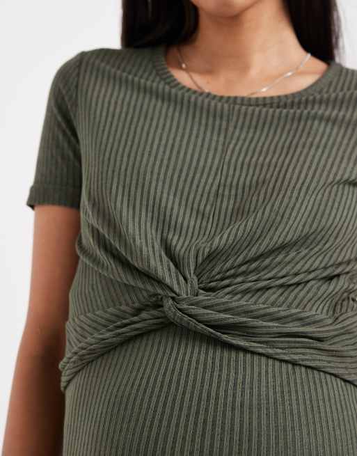 Mamalicious Maternity ribbed jersey twist front T-shirt in dark khaki, 4 of 4