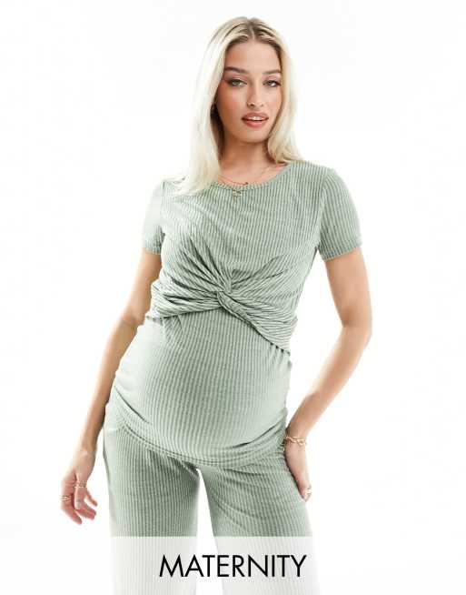 Mamalicious Maternity over the bump ribbed jersey wide leg pants and twist  front top