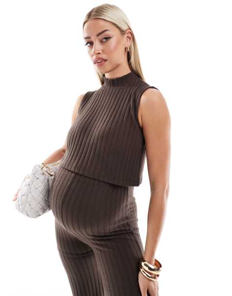 Mamalicious Maternity ribbed knit tank top in brown melange (part of a set) - view 1