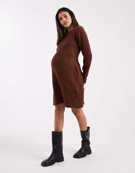 Mamalicious Maternity ribbed knitted fit and flare mini dress in brown