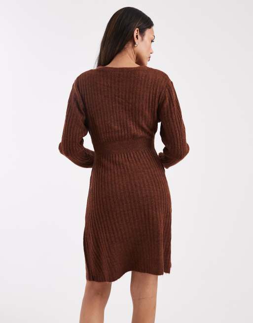 Mamalicious Maternity ribbed knitted fit and flare mini dress in brown, 4 of 4