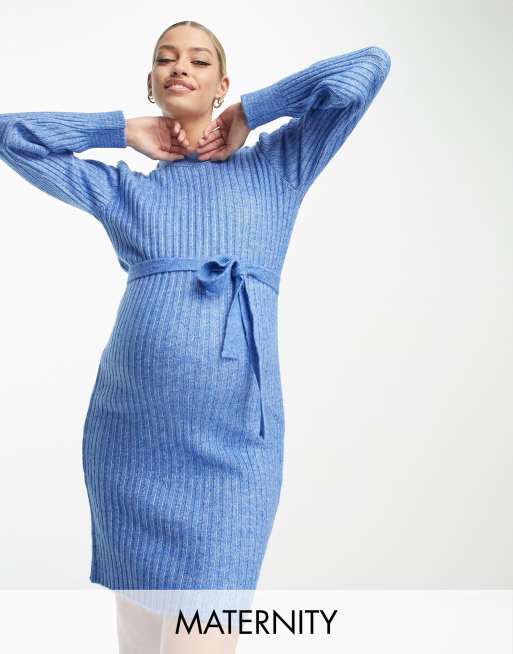 Maternity Rib Belted Long Sleeve Midi Dress