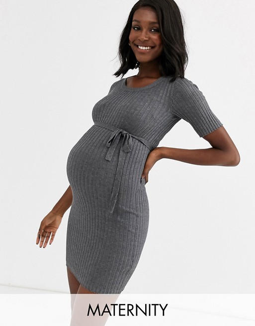 Mamalicious Maternity ribbed mini dress with tie waist in grey