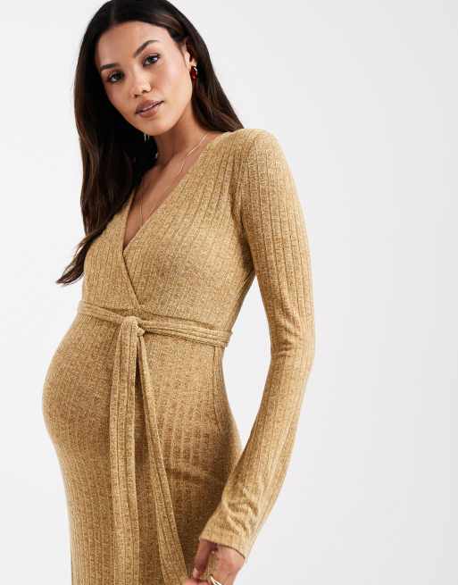 Mamalicious Maternity ribbed knitted nursing friendly wrap front midi dress in yellow melange, 2 of 4