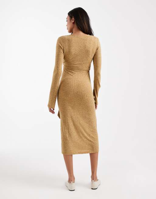 Mamalicious Maternity ribbed knitted nursing friendly wrap front midi dress in yellow melange, 3 of 4