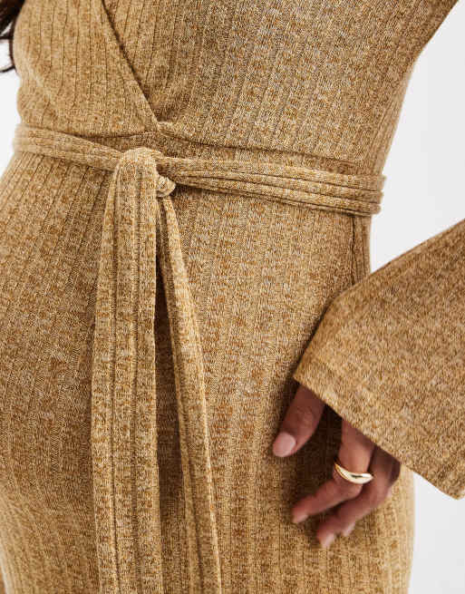 Mamalicious Maternity ribbed knitted nursing friendly wrap front midi dress in yellow melange, 4 of 4