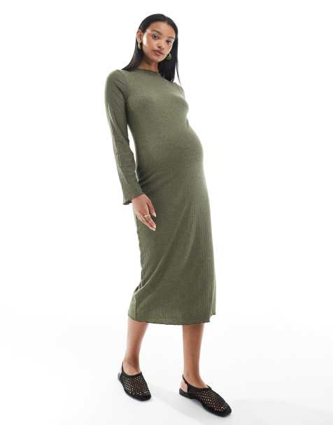 Mamalicious Maternity ribbed midi dress with lettuce edge detail in khaki - view 1