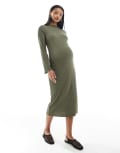 [Mama.licious] Mamalicious Maternity ribbed midi dress with lettuce edge detail in khaki-Green 2XL Grape leaf