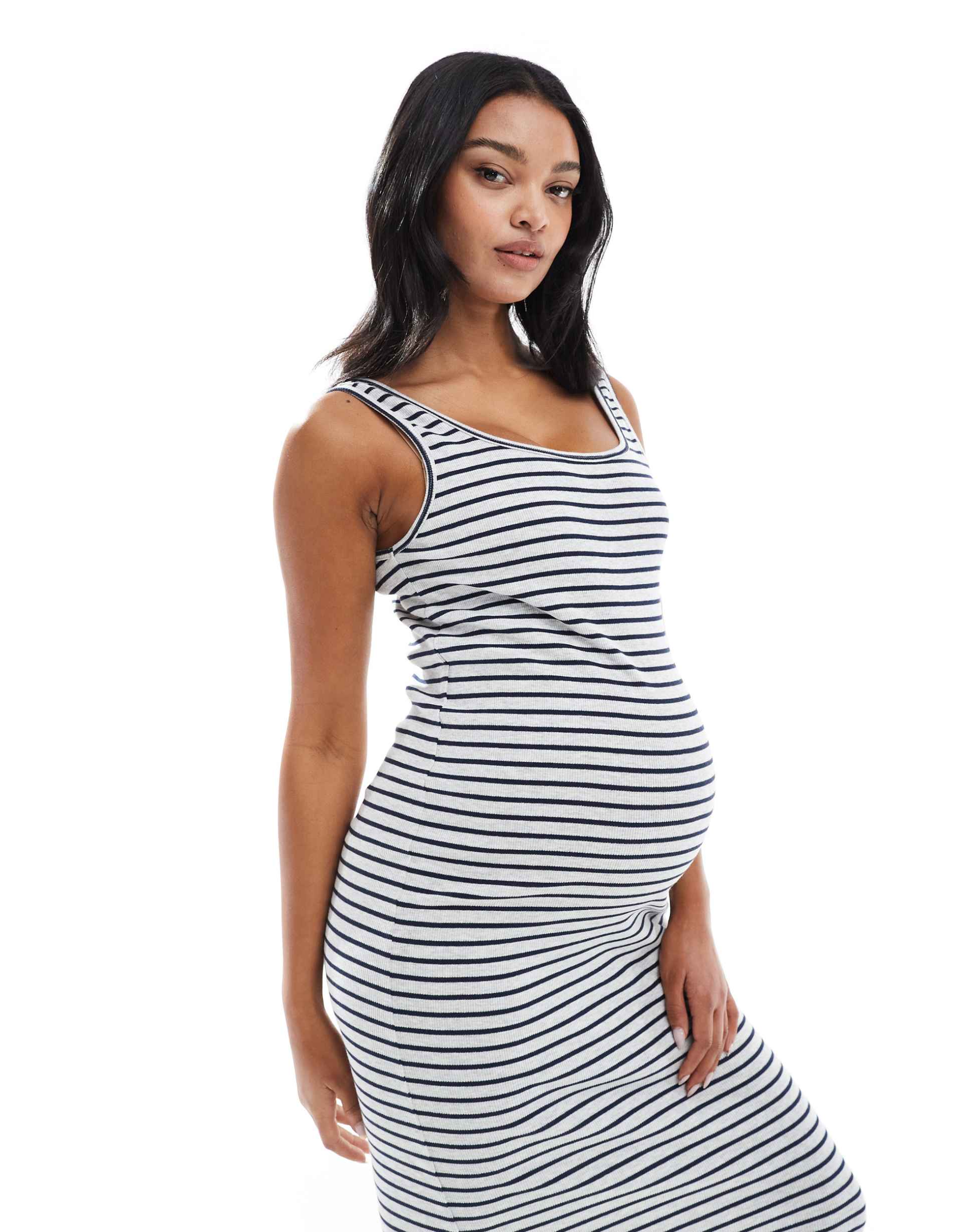 mamalicious maternity ribbed midi tank dress in gray and blue stripe