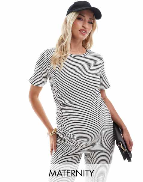 Mamalicious maternity ribbed ruched front short sleeve top co-ord in stripe - view 1