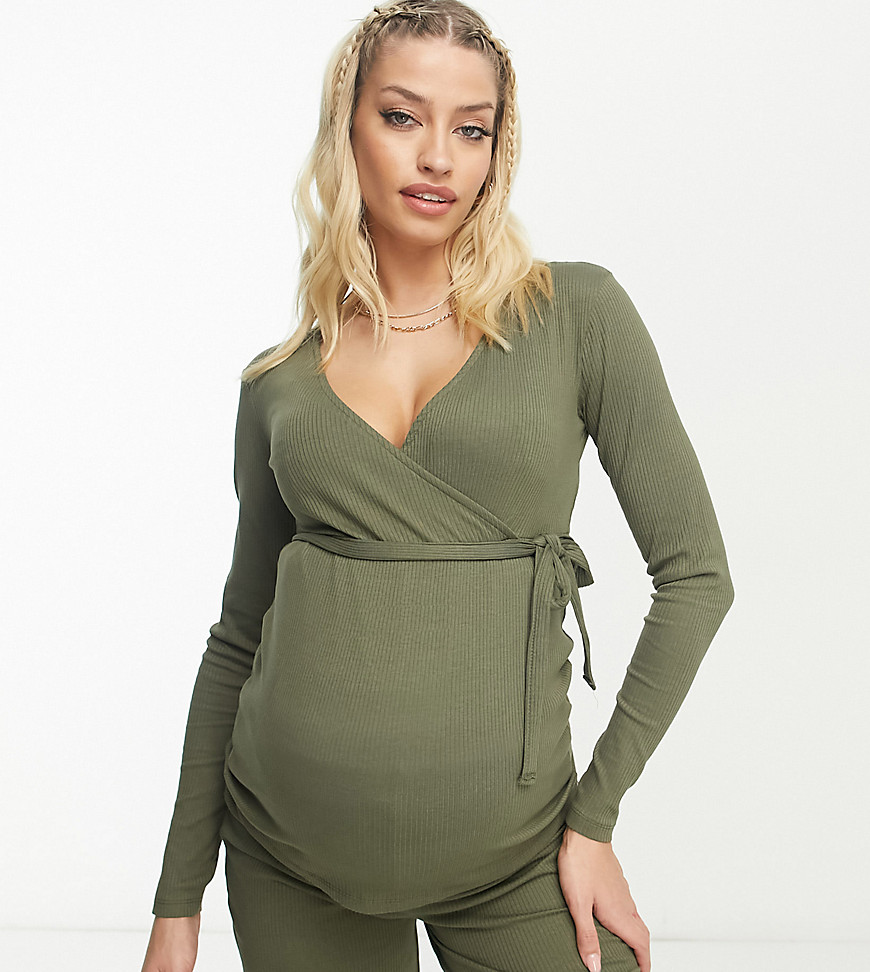 Mamalicious Maternity ribbed tie detail top co-ord in khaki green