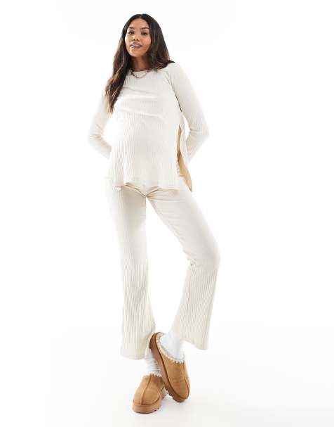 Mamalicious Maternity ribbed top and flare trouser co-ord in cream - view 1