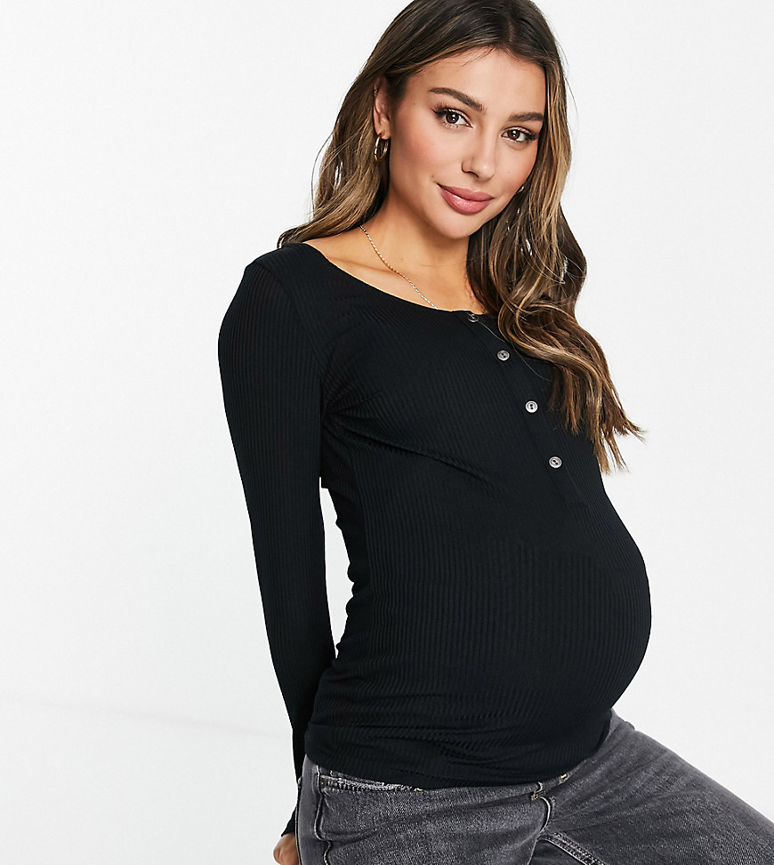 Mamalicious Maternity ribbed top with snaps and nursing feature in black