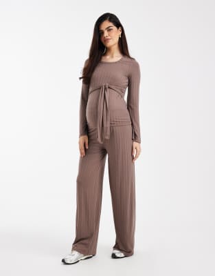 Mama.licious Mamalicious Maternity Ribbed Wide Leg Jersey Pants In Brown