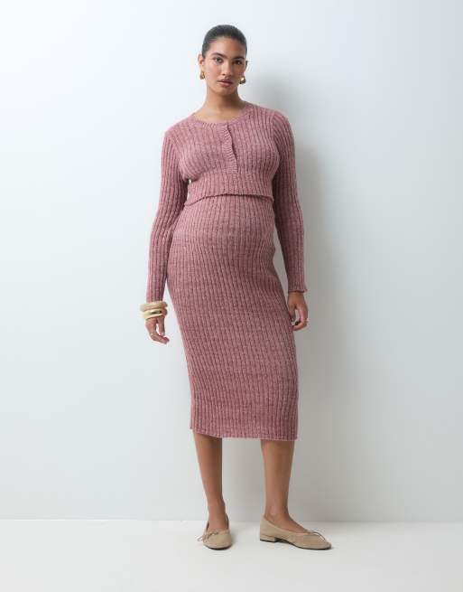 Mamalicious Maternity ribbstickad kort kofta i set i rosé taupe-melerad, 2 av 4