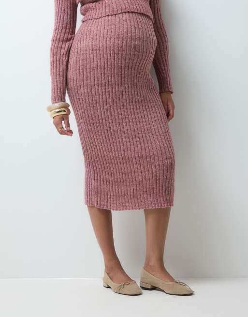 Mamalicious Maternity ribbstickad midikjol i set, rosetaupe melerad, 2 av 5