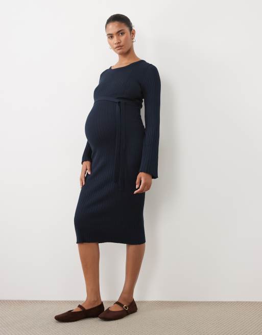 Mamalicious Maternity ribstrikket midi-kjole med bindebælte i navy, 2 af 4