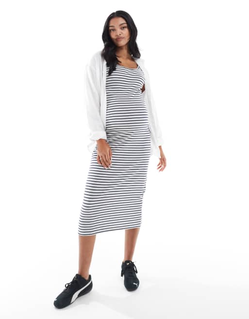 Mamalicious Maternity - Ribstrikket tank-midikjole med grå/blå striber, 2 af 4