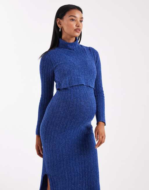 Mamalicious Maternity - Robe d'allaitement mi-longue en maille côtelée douce - Bleu chiné, 2 de 4