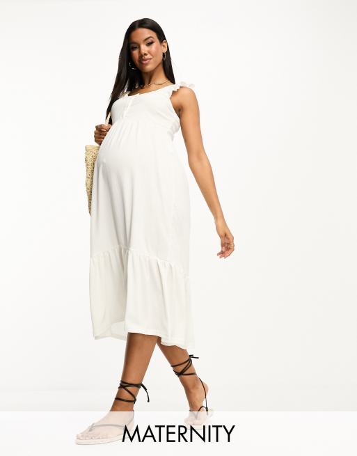 Mamalicious Maternity - Robe mi-longue à volants et bretelles fines - Blanc