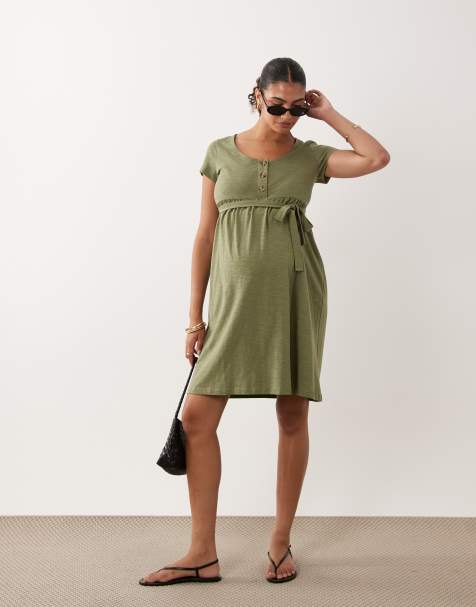 Mamalicious Maternity - Robe mi-longue boutonnée devant avec ceinture à nouer - Vert olive - view 1