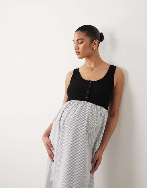 Mamalicious Maternity - Robe mi-longue et sans manches avec jupe à rayures contrastantes - Noir et blanc, 2 de 4