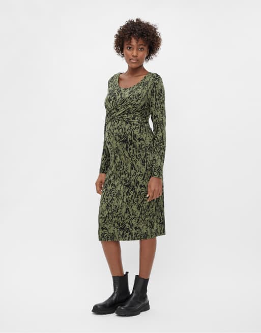 Mamalicious Maternity Robe midi a manches longues a imprime abstrait Kaki ASOS