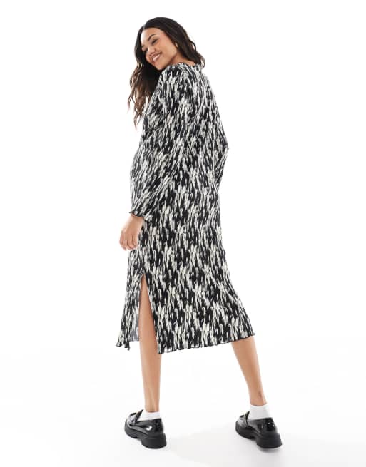 Mamalicious Maternity - Robe plissée mi-longue avec fente latérale et imprimé - Noir/blanc, 4 de 4