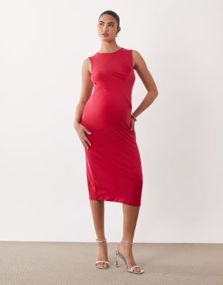 Mamalicious Maternity - Robe sans manches près du corps et mi-longue avec détail froncé sur le côté - Rouge 2XL