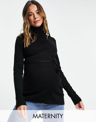 Mamalicious Maternity roll neck knit top with tie waist in black