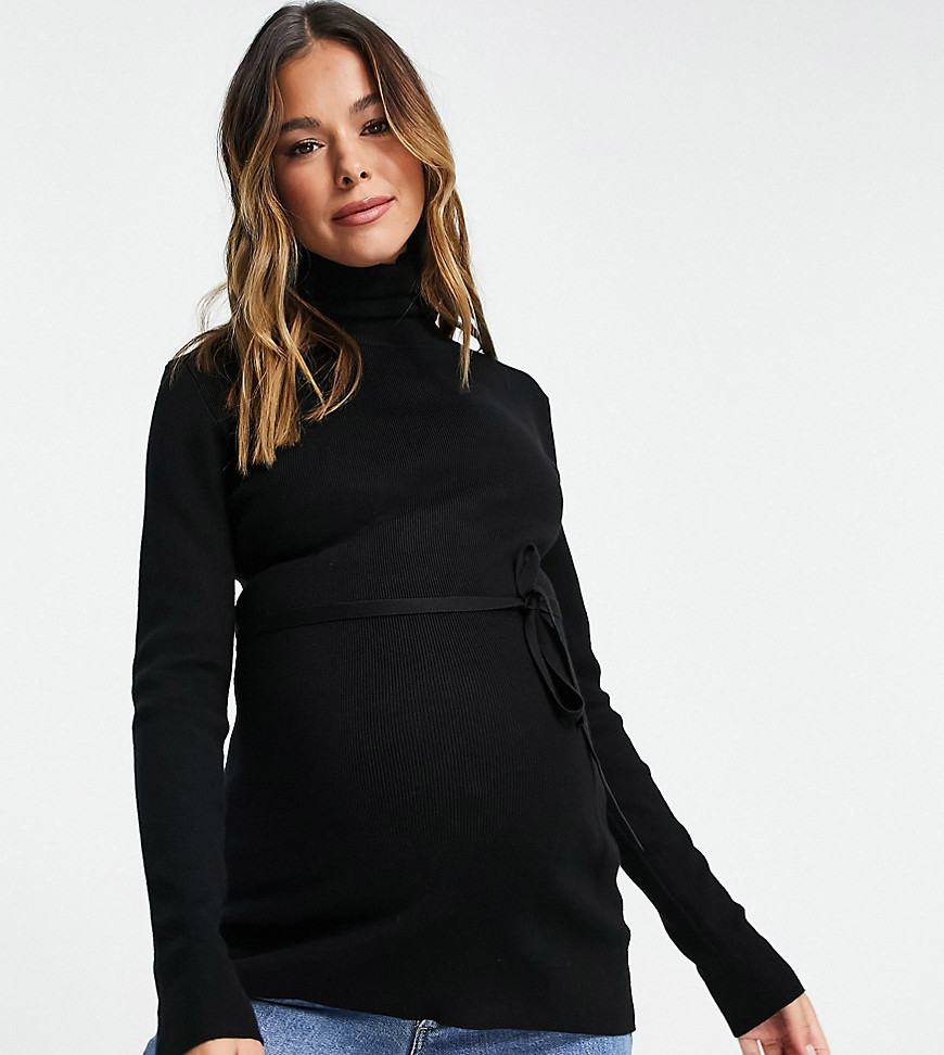 Mama.licious Mamalicious Maternity roll neck knit top with tie waist in black