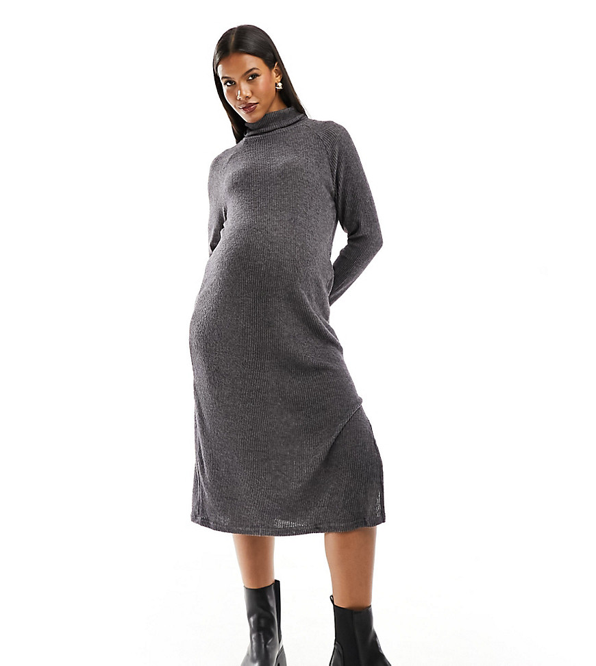 Mamalicious Maternity roll neck ribbed midi jumper dress in dark grey melange