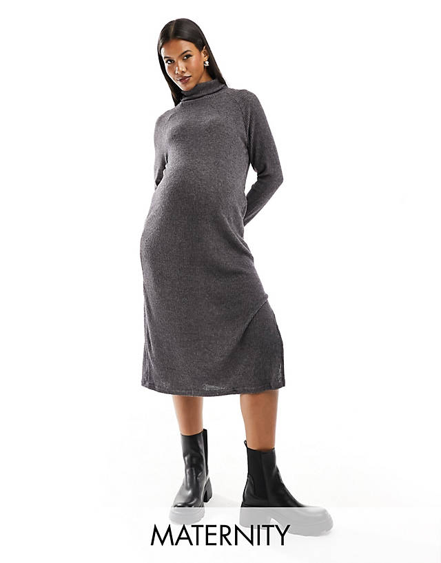 Mama.licious - Mamalicious Maternity roll neck ribbed midi jumper dress in dark grey melange