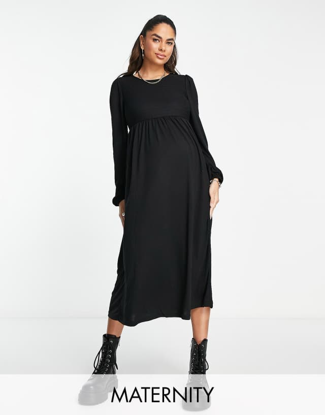 Mamalicious Maternity ruched bodice long sleeve midi dress in black