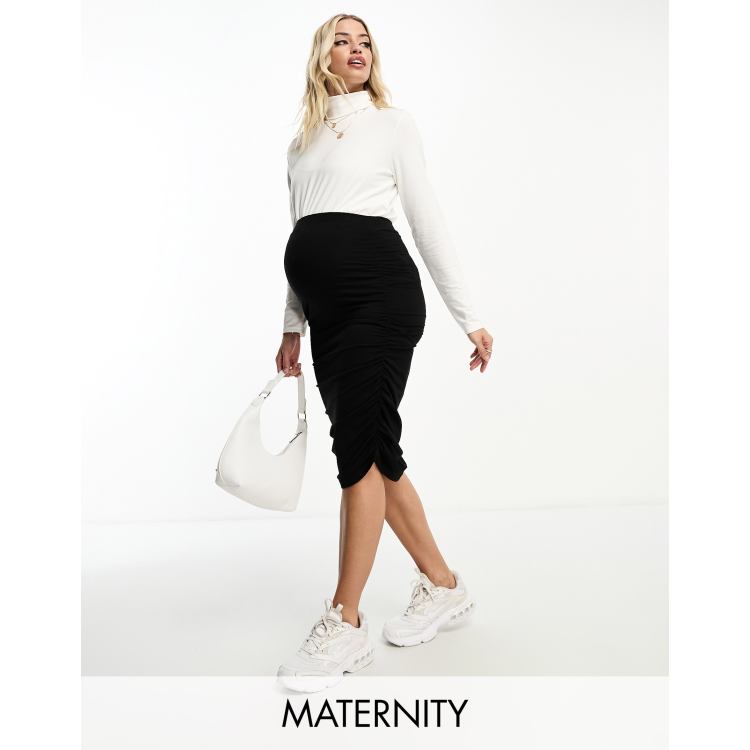 Mamalicious Maternity ruched jersey midi skirt in black | ASOS