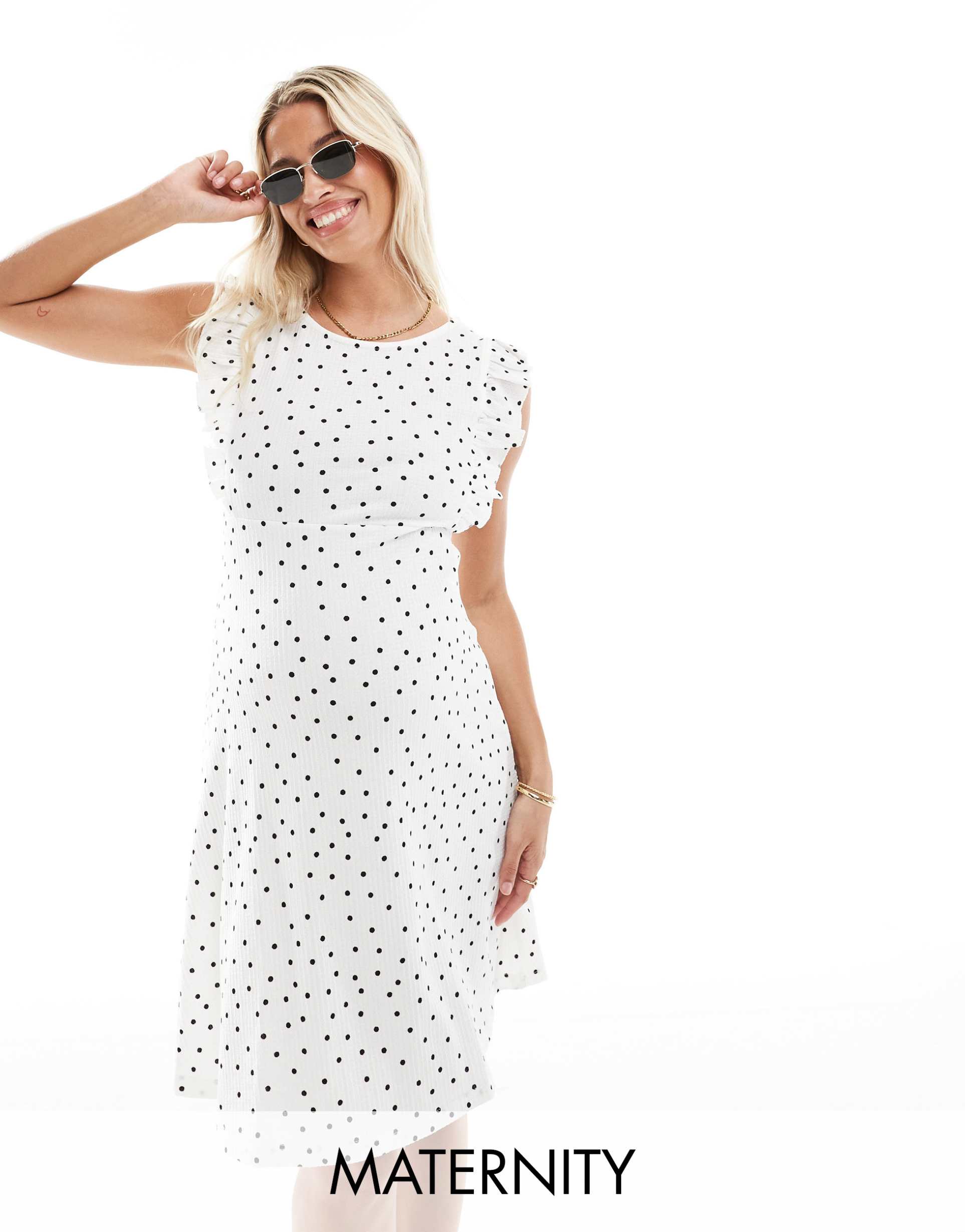 mamalicious maternity ruffle detail jersey knee dress in white polka dot print