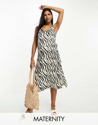 Mama.licious Mamalicious Maternity Satin Midi Dress In Animal Print-multi